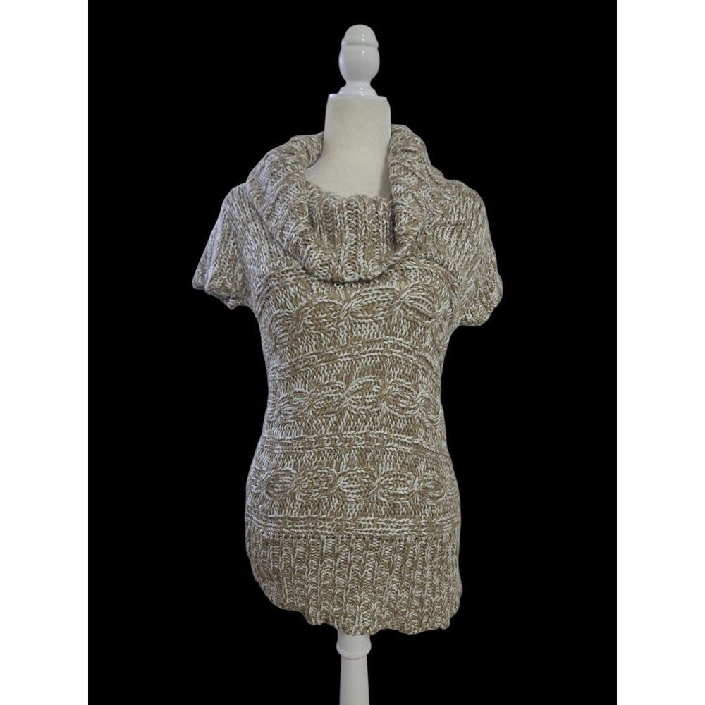 At Last New York Women's Teen Chunky Knit Beige Short Sleeve Tunic Cowl Neck XL